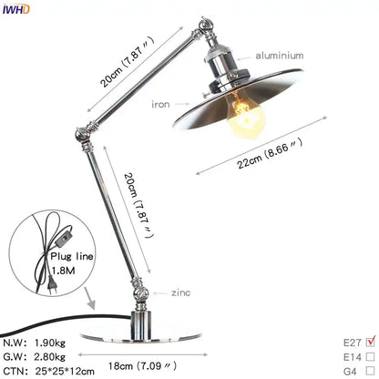 Industrial chrome led table lamp with adjustable iron arm, aluminum shade, and edison bulb for modern decorbites industrial led use