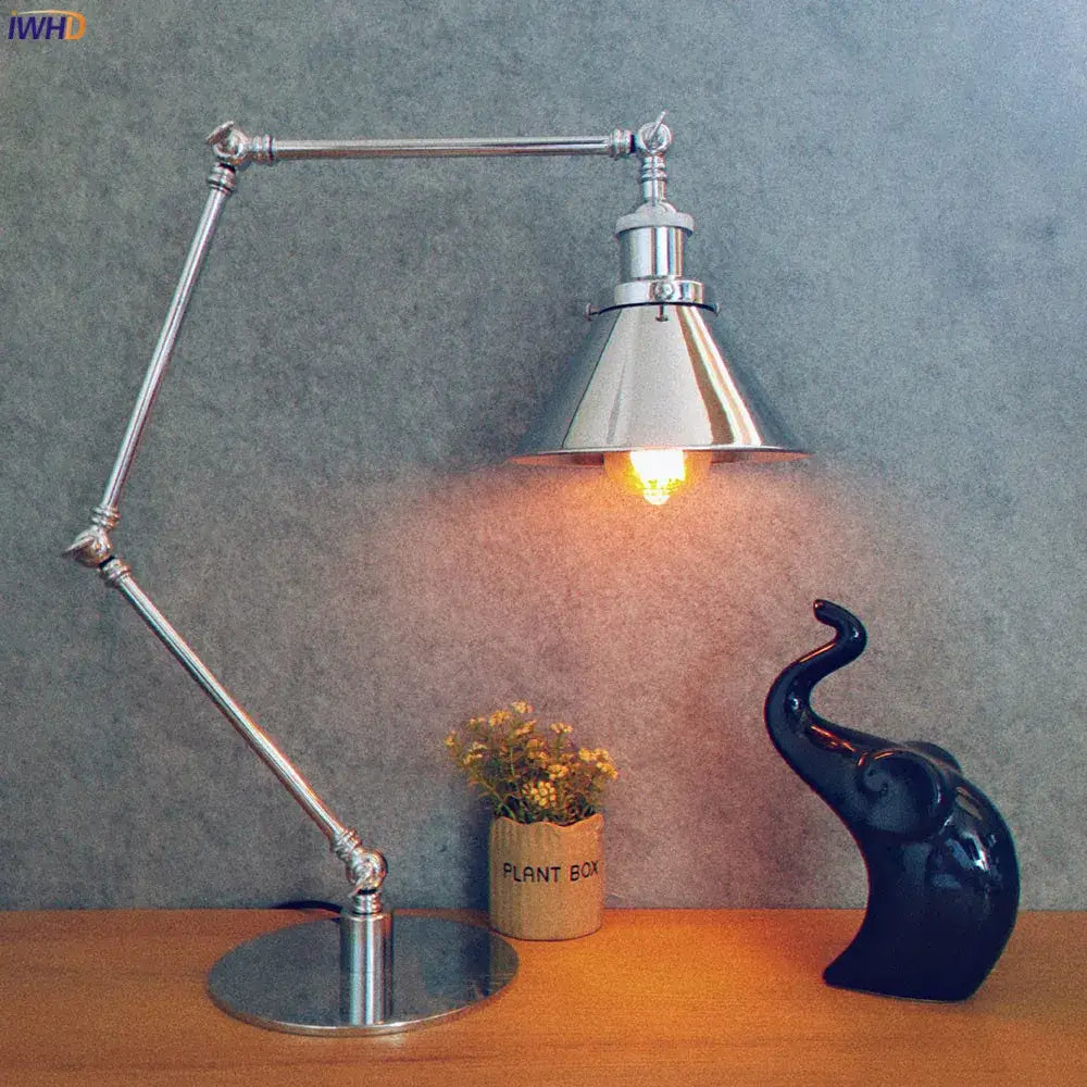 Industrial chrome led table lamp with articulated arms and conical shade for adjustable bedroom desk lighting decorbites industrial led