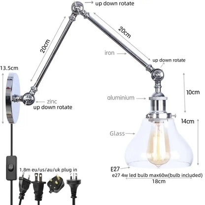 Adjustable industrial chrome wall sconce with iron and aluminum arms clear glass shade and e27 led bulb decorbites chrome industrial