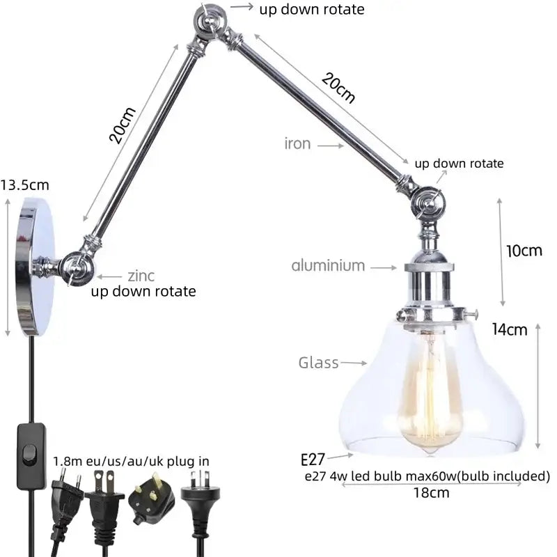 Adjustable industrial chrome wall sconce with iron and aluminum arms clear glass shade and e27 led bulb decorbites chrome industrial