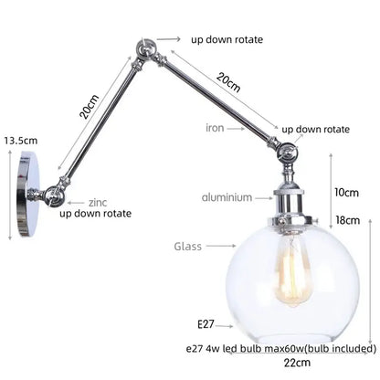 Adjustable decorbites chrome industrial wall sconce with chrome finish clear glass globe and e27 led bulb for bedroom decor
