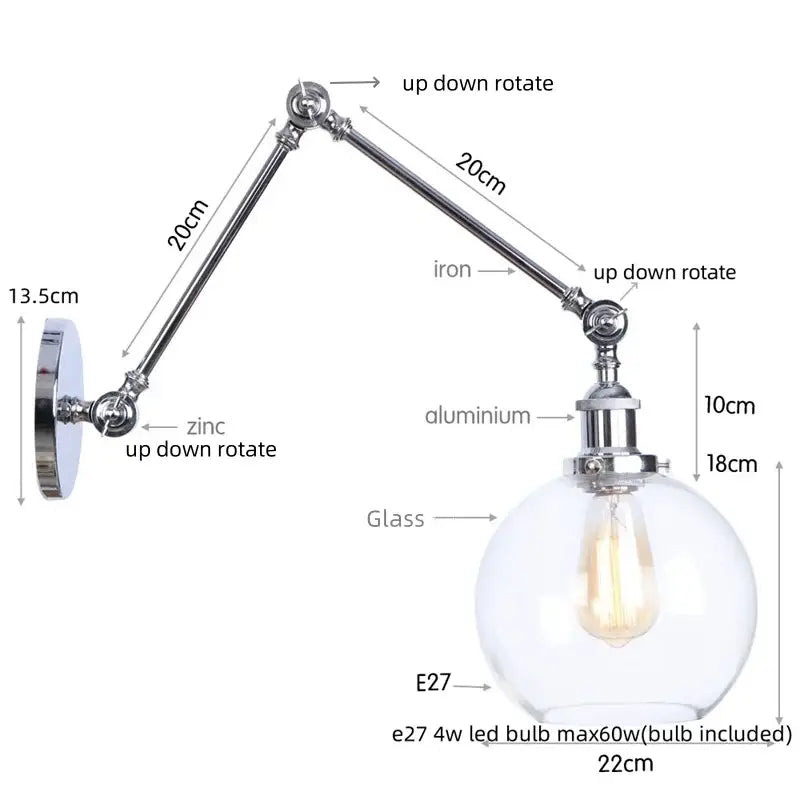 Adjustable decorbites chrome industrial wall sconce with chrome finish clear glass globe and e27 led bulb for bedroom decor