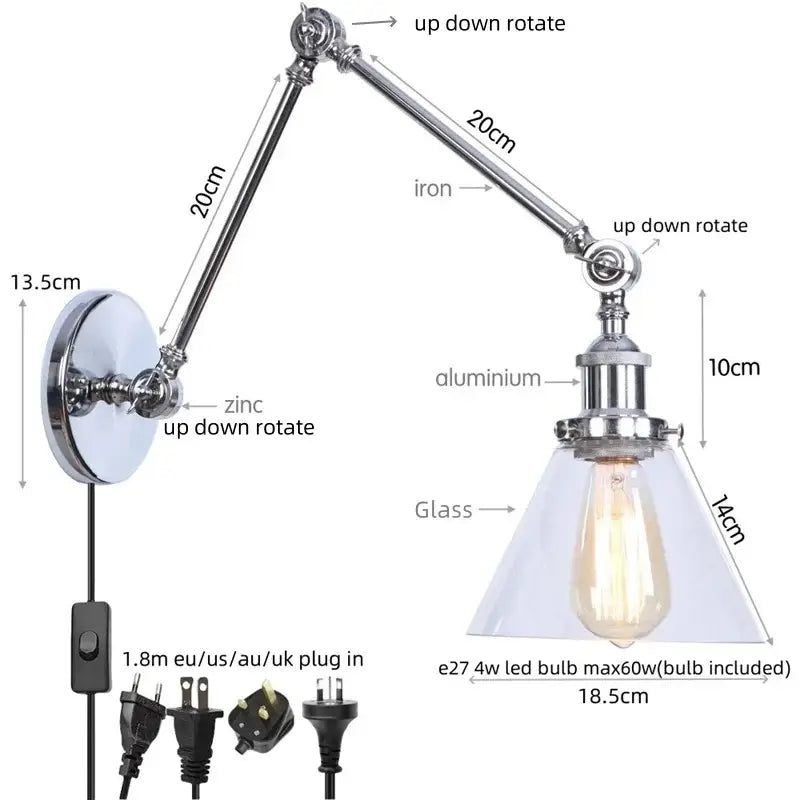 Adjustable industrial chrome wall sconce with iron and aluminum arms and clear glass shade for decorbites chrome industrial look