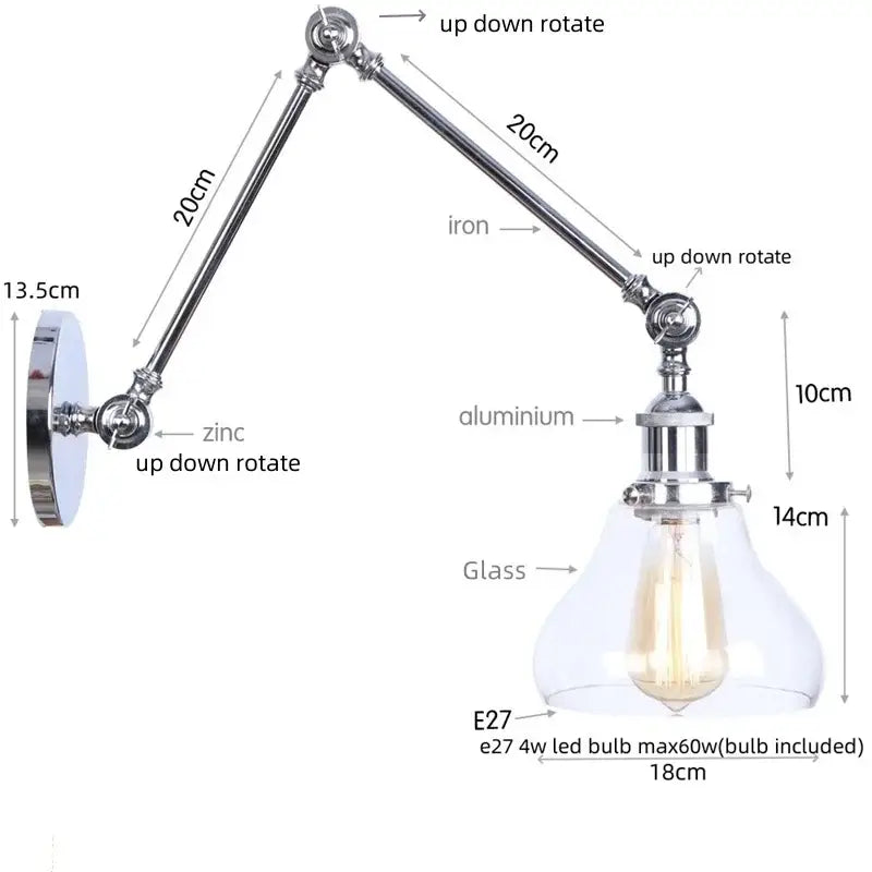 Adjustable decorbites chrome industrial wall sconce with articulated zinc aluminum arms and clear glass shade for bedroom lighting