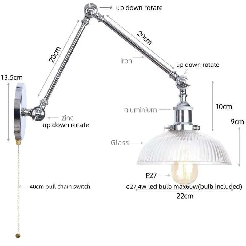 Adjustable industrial chrome wall sconce with iron and aluminum arms, ribbed glass shade, and e27 led bulb for decorbites chrome industrial lighting