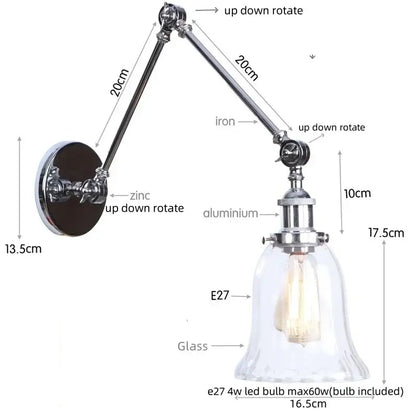 Adjustable decorbites chrome industrial wall sconce with clear glass bell shade and e27 led bulb for bedroom decor