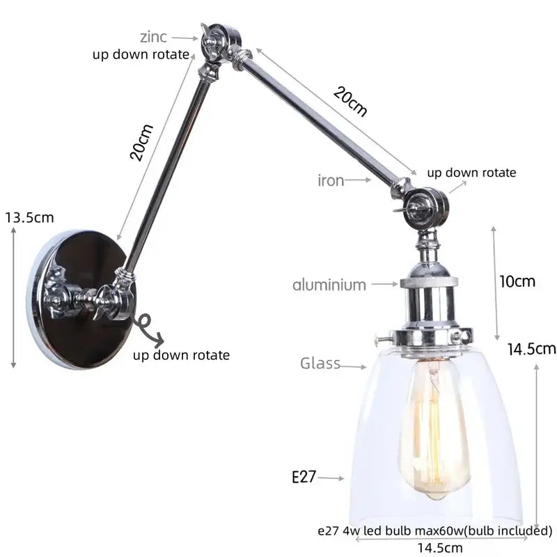 Adjustable wall sconce with chrome finish, clear glass shade, and edison bulb for decorbites chrome industrial led decor