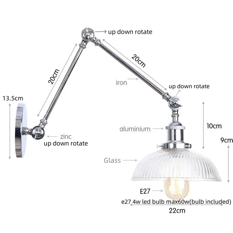 Industrial chrome wall sconce with adjustable swing arm ribbed glass shade and e27 led bulb decorbites chrome industrial design