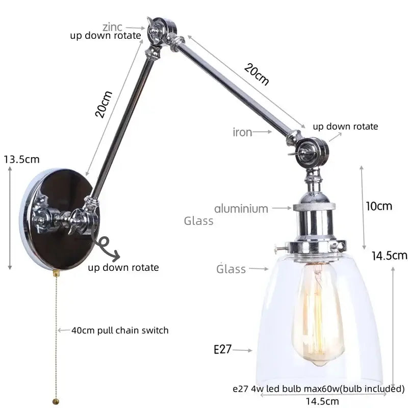 Chrome industrial led wall sconce with adjustable swing arm clear glass shade and exposed edison bulb for bedroom decorbites chrome industrial
