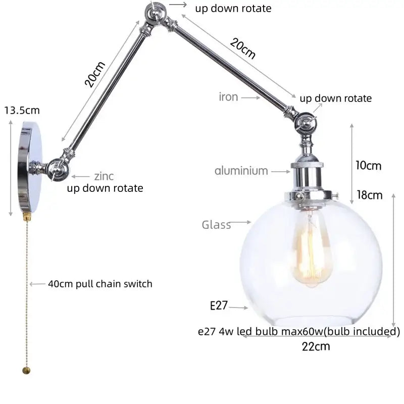 Industrial chrome wall sconce with adjustable swing arm and spherical glass globe housing an e27 led bulb for decorbites chrome industrial style