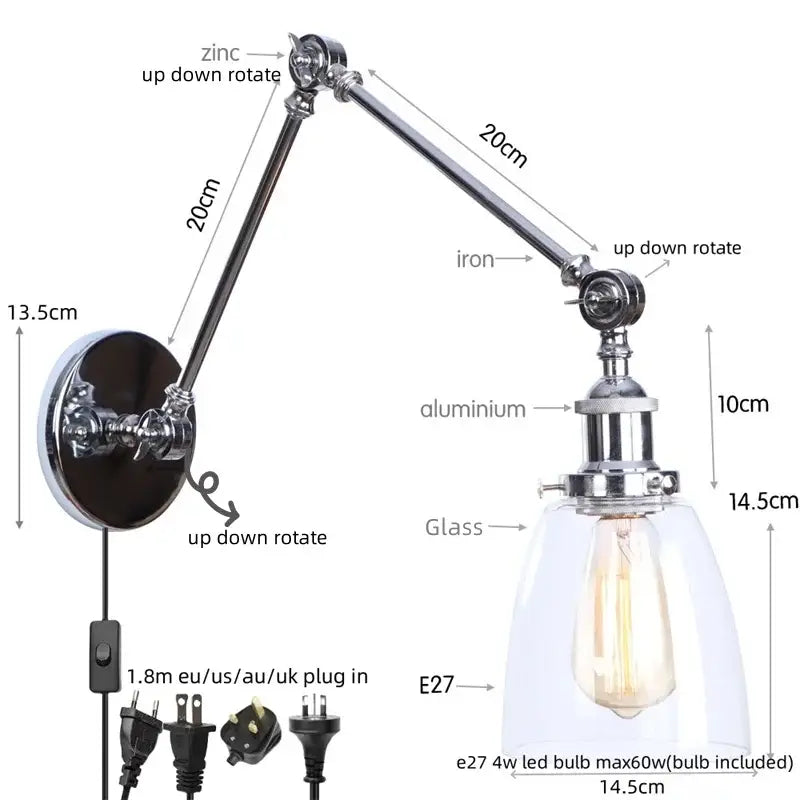 Chrome finished adjustable wall sconce with clear glass shade and exposed edison bulb from decorbites chrome industrial led collection