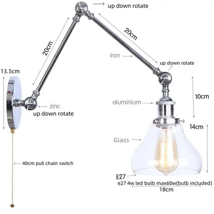 Chrome industrial led wall sconce with adjustable swing arm clear glass shade and e27 led bulb for bedroom decorbites chrome industrial