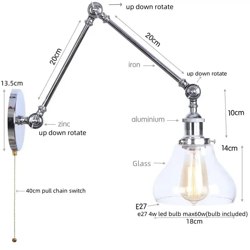 Chrome industrial led wall sconce with adjustable swing arm clear glass shade and e27 led bulb for bedroom decorbites chrome industrial