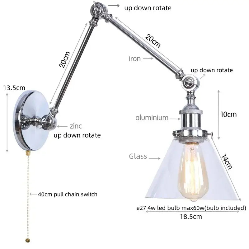 Chrome industrial wall sconce with adjustable iron and aluminum arms and clear glass shade housing edison bulb by Decorbites chrome industrial
