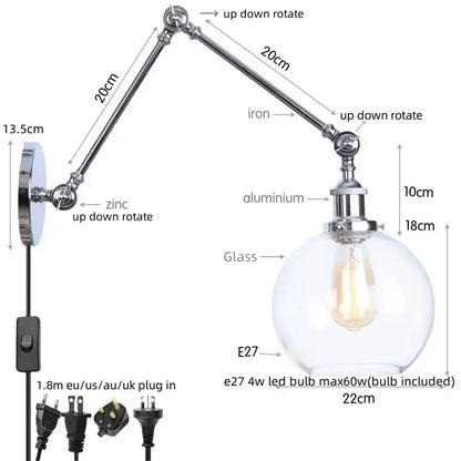 Industrial chrome wall sconce with adjustable swing arm and clear glass globe housing e27 led bulb decorbites chrome industrial