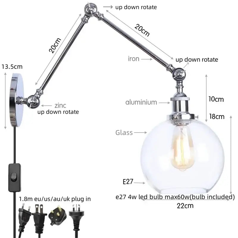 Industrial chrome wall sconce with adjustable swing arm and clear glass globe housing e27 led bulb decorbites chrome industrial