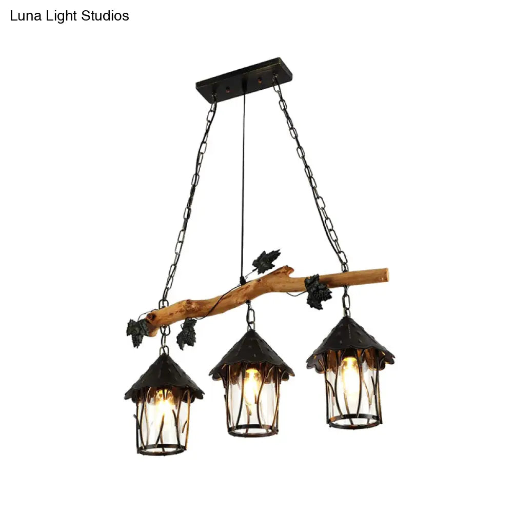 DecorBites™ Industrial Clear Glass 3-Bulb Black Lantern Kitchen Island Light Fixture, 27" Wide