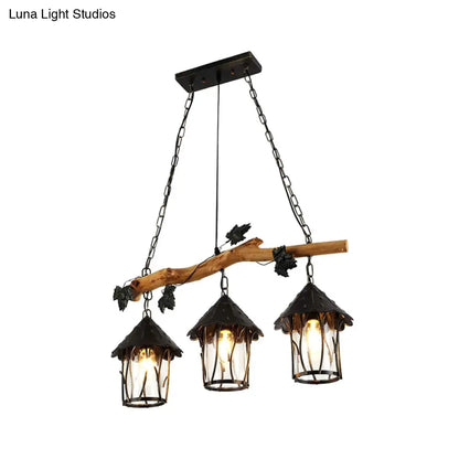 DecorBites™ Industrial Clear Glass 3-Bulb Black Lantern Kitchen Island Light Fixture, 27" Wide