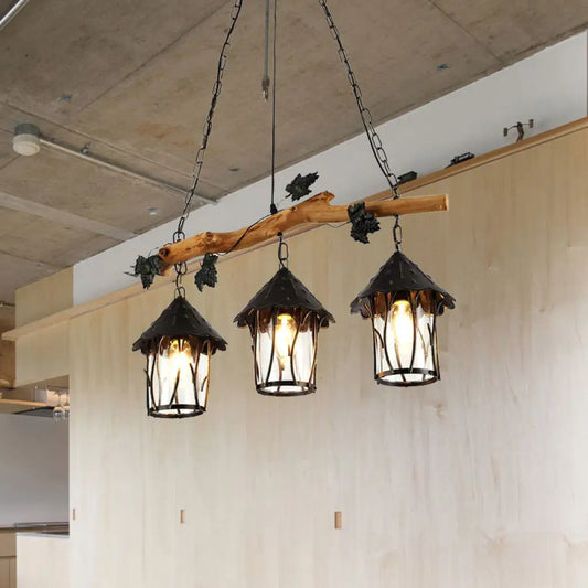 DecorBites™ Industrial Clear Glass 3-Bulb Black Lantern Kitchen Island Light Fixture, 27" Wide