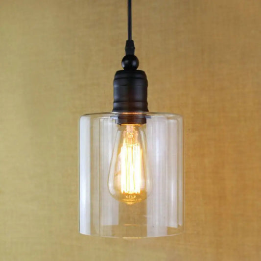 Industrial Clear Glass Ceiling Light Pendant - Black Cylinder Design for Coffee Shops