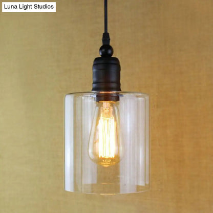 Industrial Clear Glass Ceiling Light Pendant - Black Cylinder Design for Coffee Shops