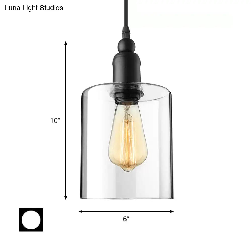 Industrial Clear Glass Ceiling Light Pendant - Black Cylinder Design for Coffee Shops