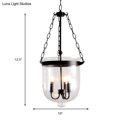 Lámpara colgante industrial de cristal transparente - Lámpara colgante negra de 3 luces para comedor con diseño abovedado y cadena