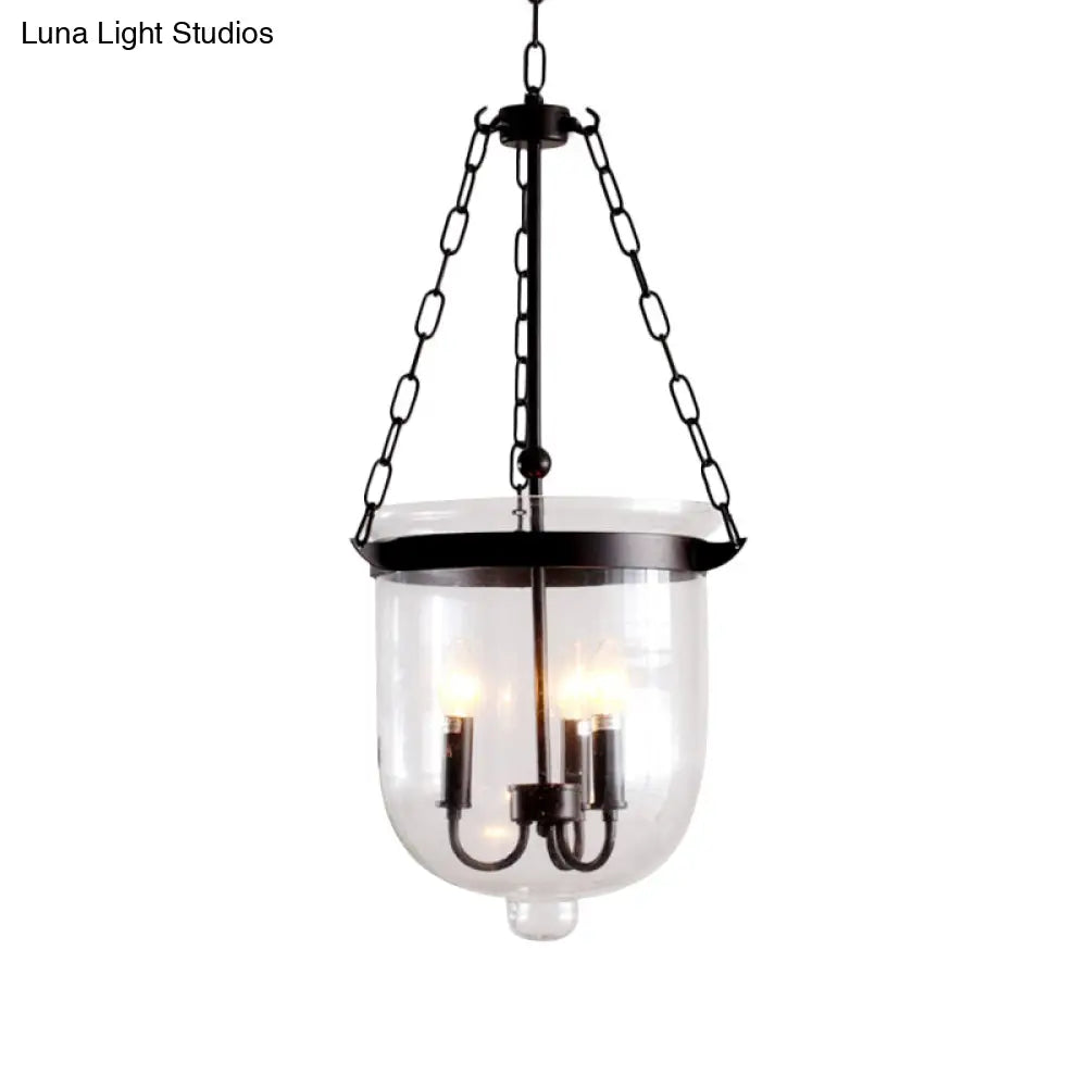 Lámpara colgante industrial de cristal transparente - Lámpara colgante negra de 3 luces para comedor con diseño abovedado y cadena