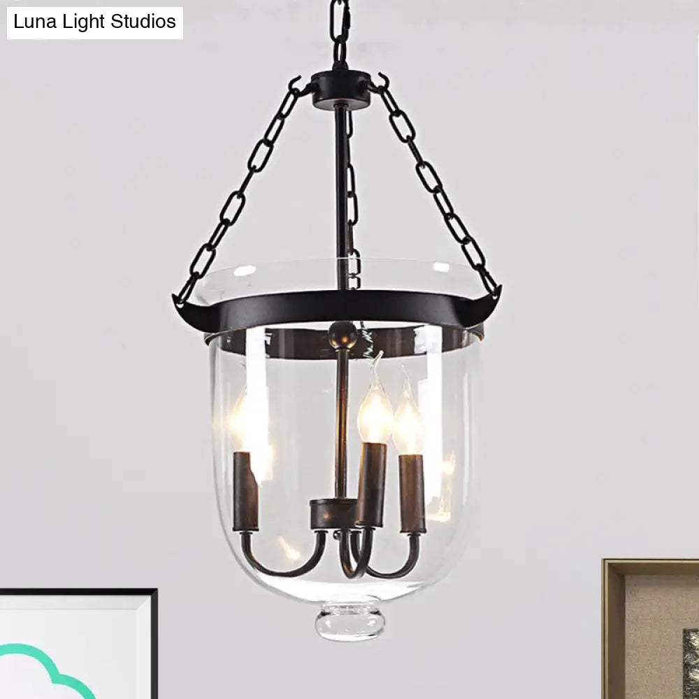 Lámpara colgante industrial de cristal transparente - Lámpara colgante negra de 3 luces para comedor con diseño abovedado y cadena