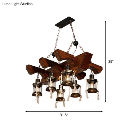 Industrial Clear Glass Chandelier with Wood Accents for Restaurant Ceiling - 4/6 Heads Lantern Pendant Light