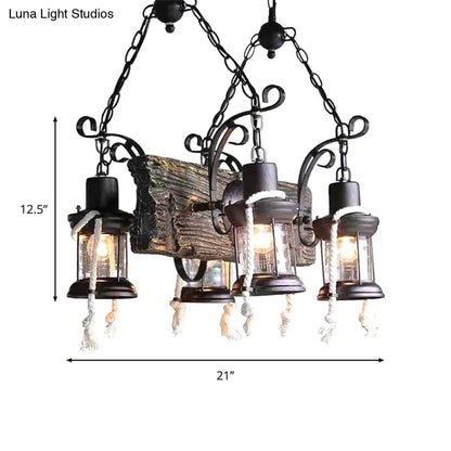 Industrial Clear Glass Chandelier with Wood Accents for Restaurant Ceiling - 4/6 Heads Lantern Pendant Light