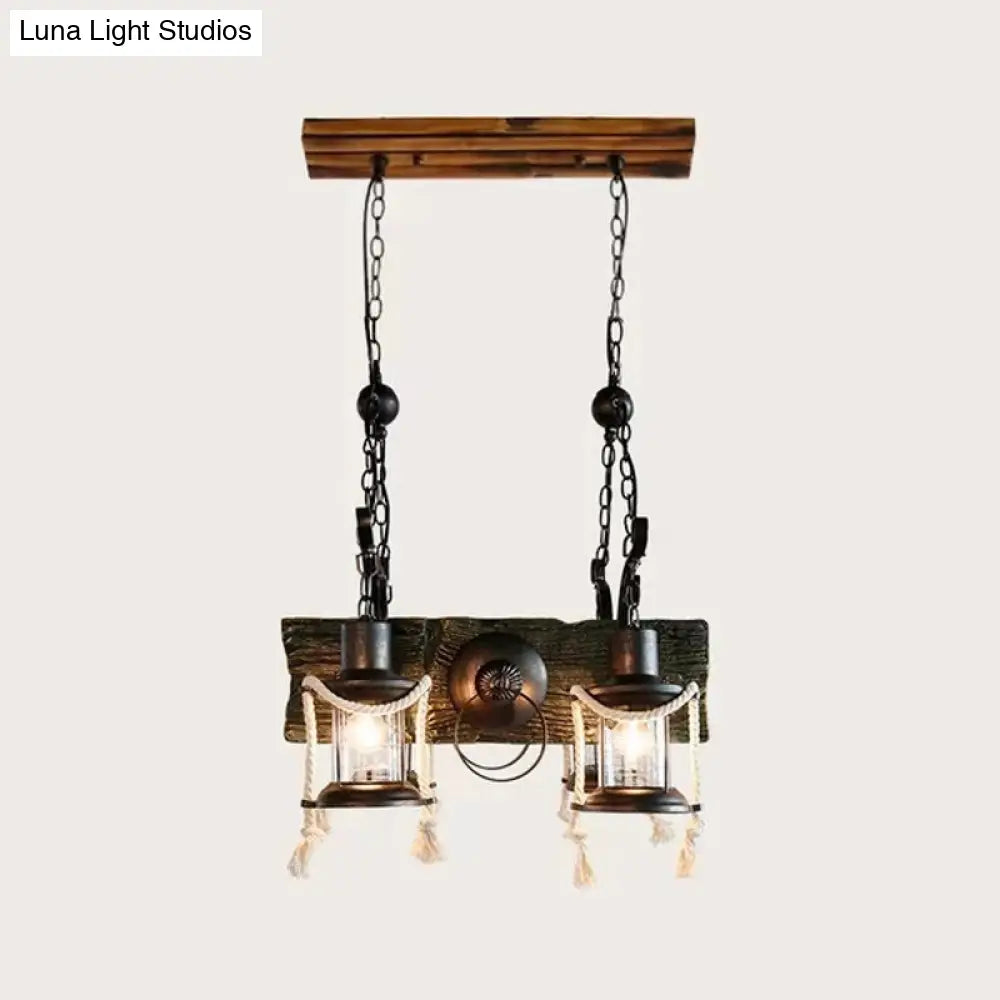 Industrial Clear Glass Chandelier with Wood Accents for Restaurant Ceiling - 4/6 Heads Lantern Pendant Light