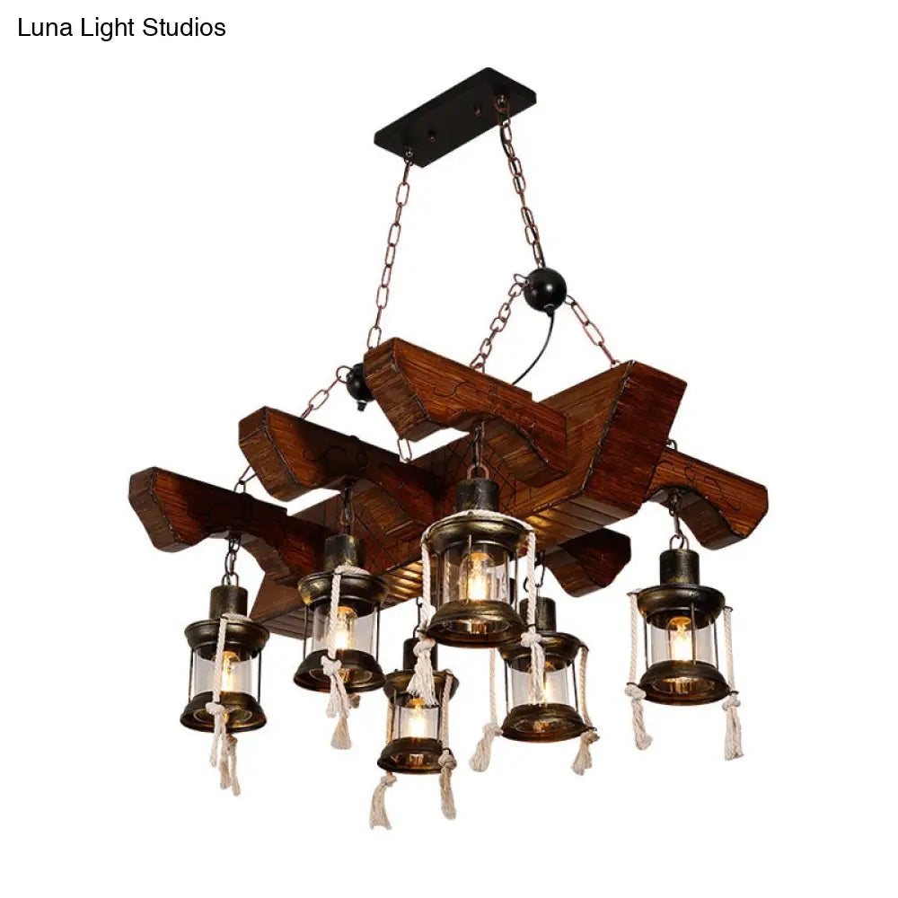 Industrial Clear Glass Chandelier with Wood Accents for Restaurant Ceiling - 4/6 Heads Lantern Pendant Light