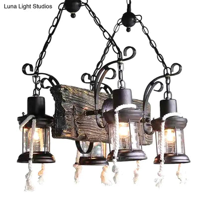 Industrial Clear Glass Chandelier with Wood Accents for Restaurant Ceiling - 4/6 Heads Lantern Pendant Light