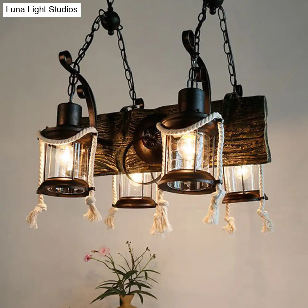 Industrial Clear Glass Chandelier with Wood Accents for Restaurant Ceiling - 4/6 Heads Lantern Pendant Light