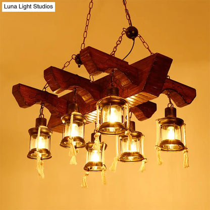 Industrial Clear Glass Chandelier with Wood Accents for Restaurant Ceiling - 4/6 Heads Lantern Pendant Light