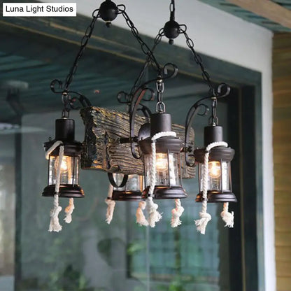 Industrial Clear Glass Chandelier with Wood Accents for Restaurant Ceiling - 4/6 Heads Lantern Pendant Light