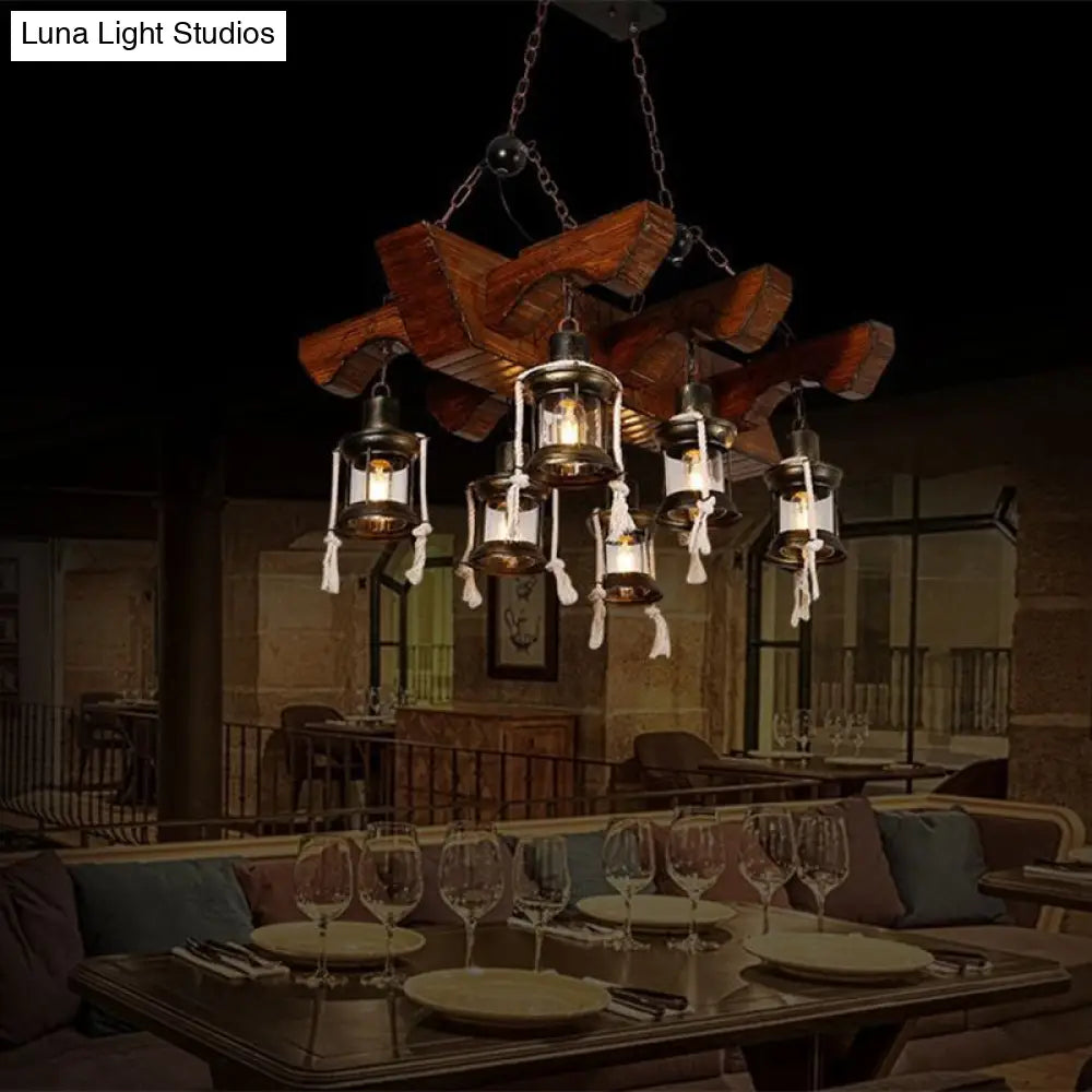 Industrial Clear Glass Chandelier with Wood Accents for Restaurant Ceiling - 4/6 Heads Lantern Pendant Light