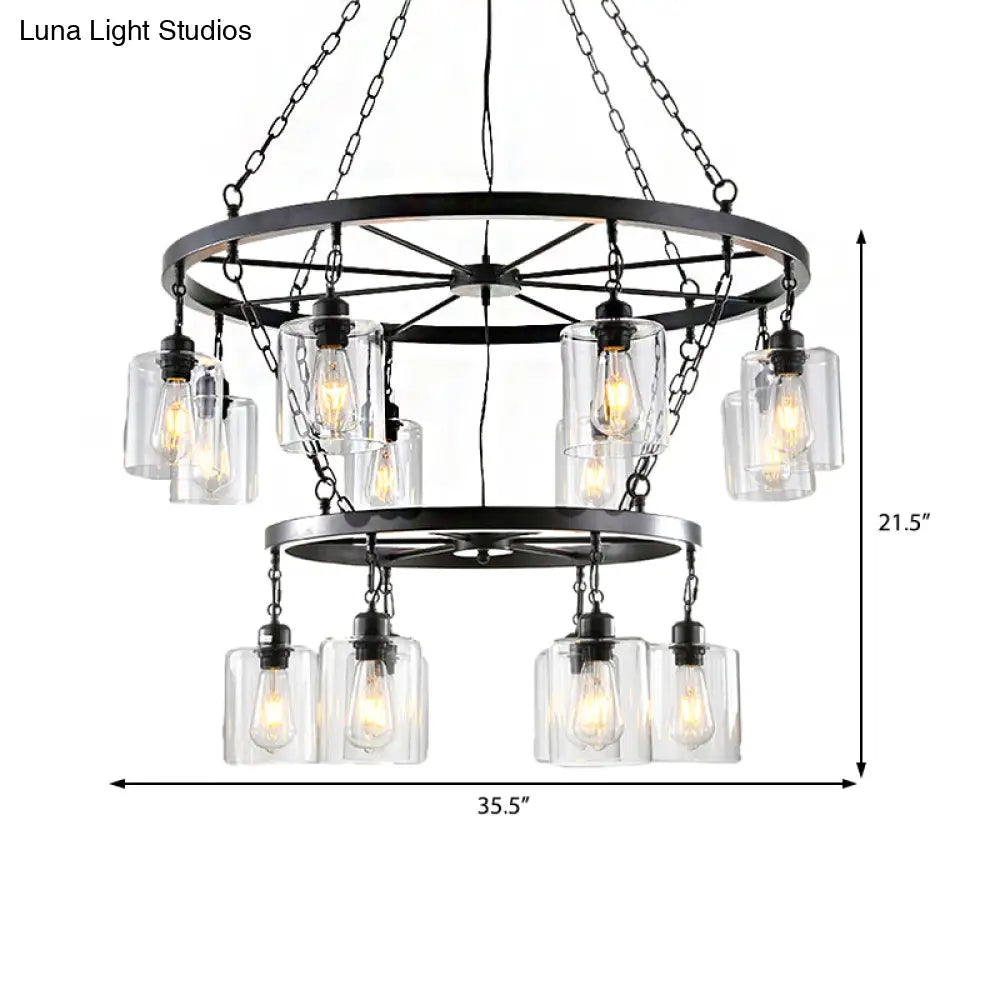 Industrial Clear Glass Cylinder Chandelier – Black 6/14 Light Hanging Fixture for Dining Room Ceiling