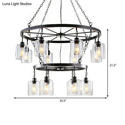 Industrial Clear Glass Cylinder Chandelier – Black 6/14 Light Hanging Fixture for Dining Room Ceiling