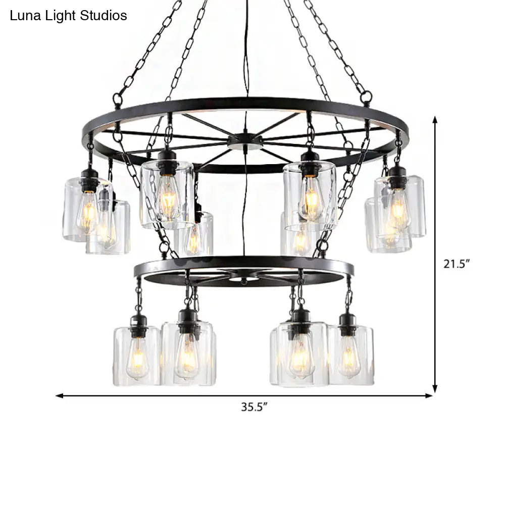 Industrial Clear Glass Cylinder Chandelier – Black 6/14 Light Hanging Fixture for Dining Room Ceiling