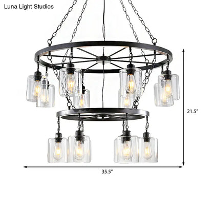 Industrial Clear Glass Cylinder Chandelier – Black 6/14 Light Hanging Fixture for Dining Room Ceiling