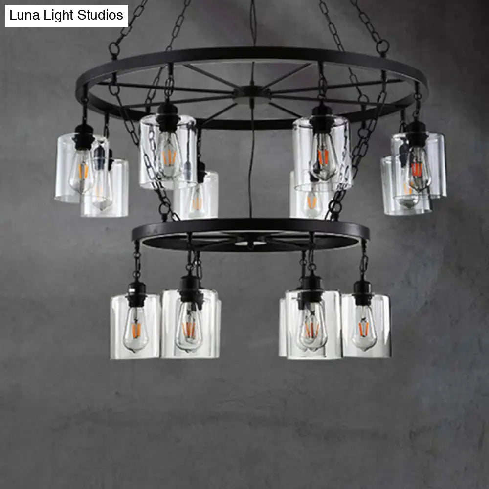 Industrial Clear Glass Cylinder Chandelier – Black 6/14 Light Hanging Fixture for Dining Room Ceiling