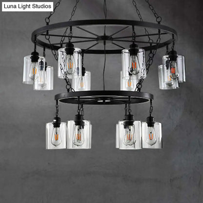 Industrial Clear Glass Cylinder Chandelier – Black 6/14 Light Hanging Fixture for Dining Room Ceiling