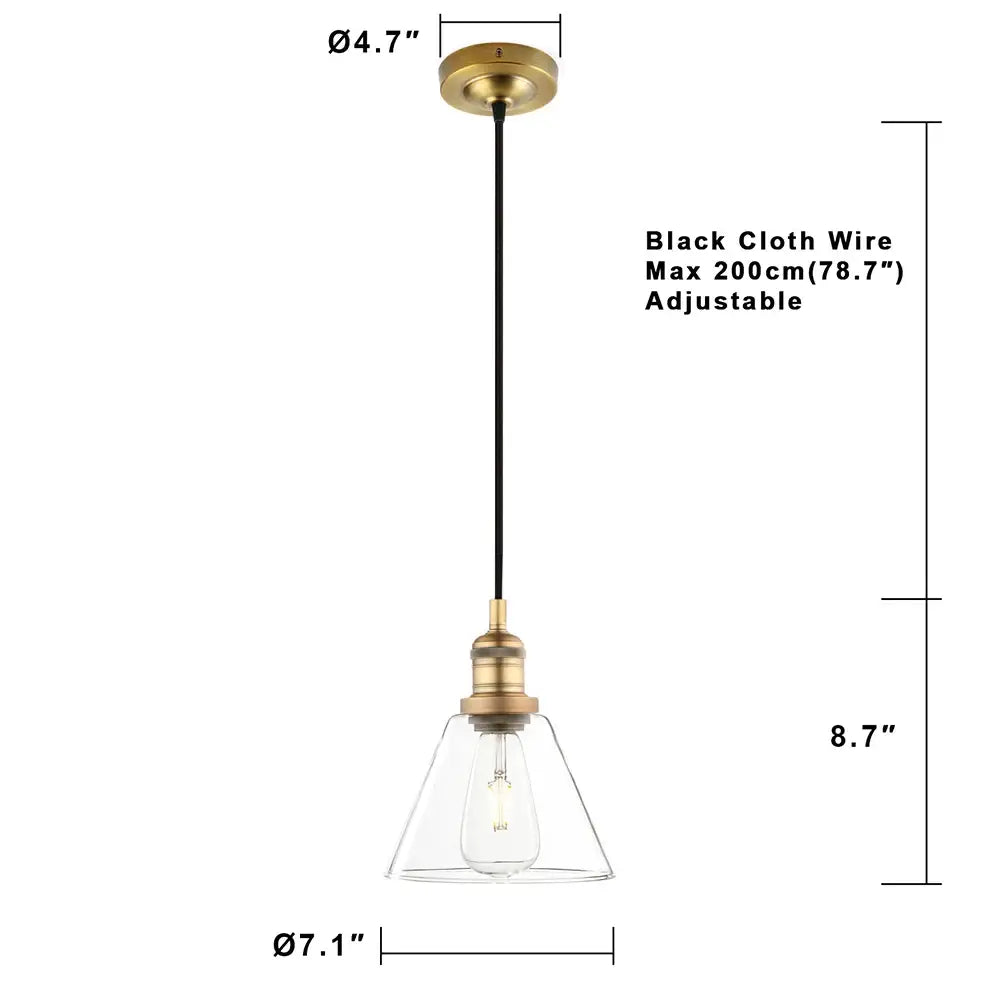 Industrial clear glass funnel flared pendant light with brass fixture and black cloth wire suspension for kitchen decorbites