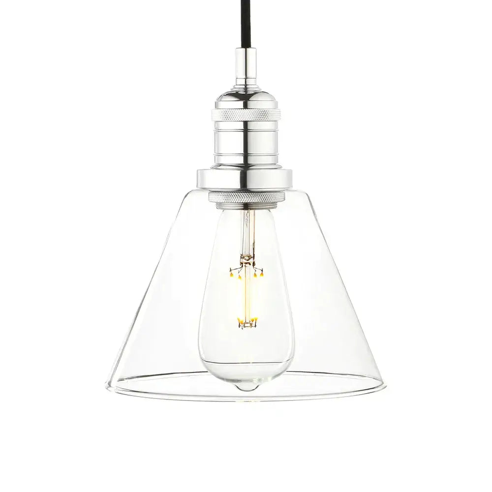 Industrial clear glass funnel flared pendant light with chrome socket and exposed edison bulb by decorbites