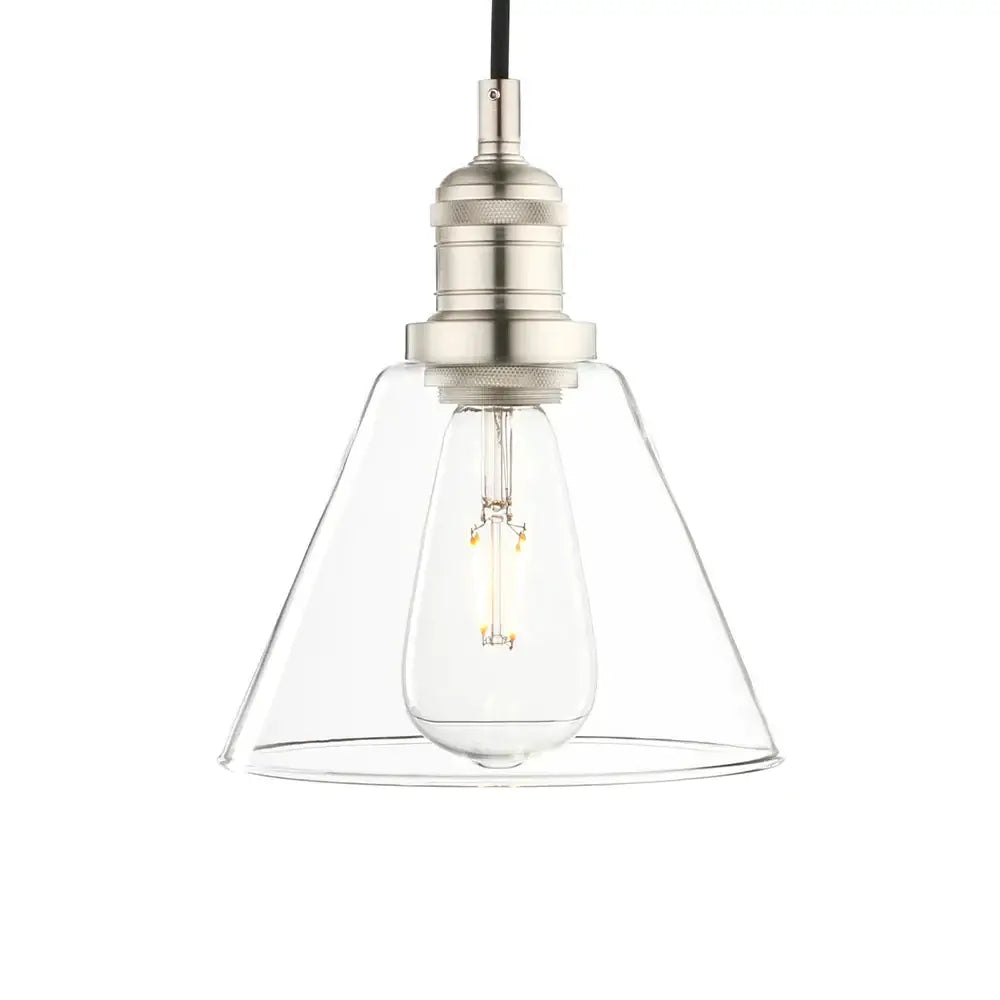 Industrial clear glass funnel flared pendant light with brushed nickel fixture and exposed edison bulb decorbites clear glass
