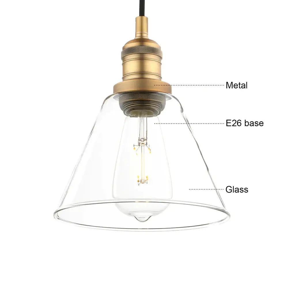 Industrial clear glass funnel flared pendant light with brass fixture and exposed edison bulb by decorbites clear glass