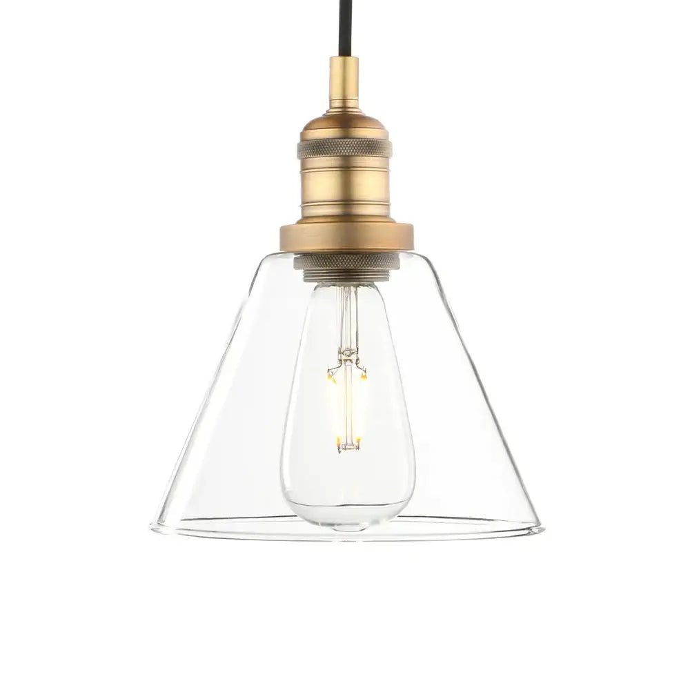 Industrial clear glass funnel flared pendant light with brass socket and exposed Edison bulb by Decorbites