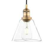 Industrial clear glass funnel flared pendant light with brass socket and exposed Edison bulb by Decorbites